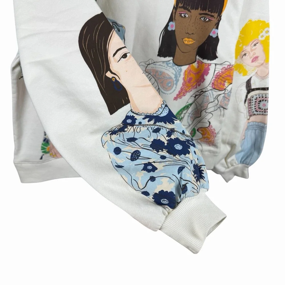 Zara Women's Sz S Graphic Print Sweatshirt Cream Cotton Blend, Girl - Picture 4 of 12